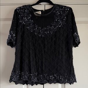 Stenay Women's Vintage Fully Beaded 100% Silk Short Sleeve Blouse Sz XL